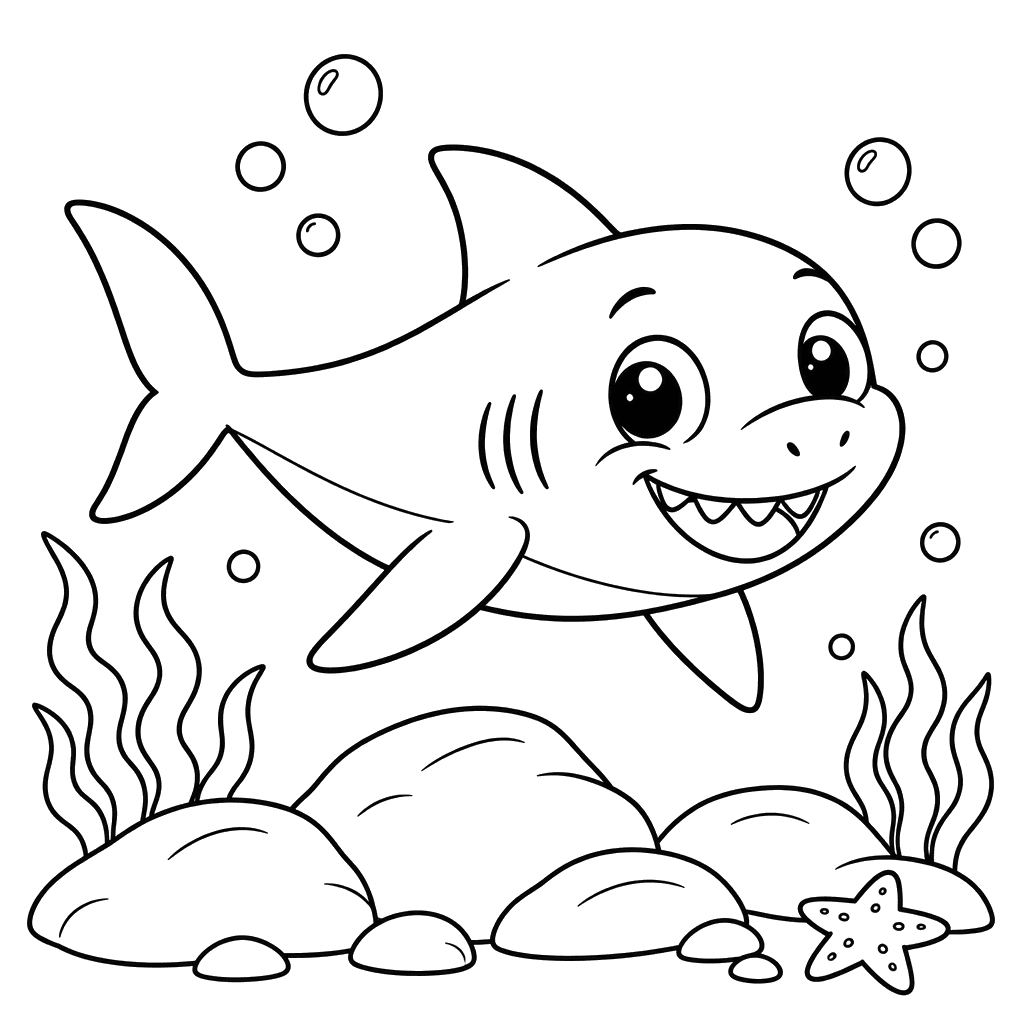 Coloriage bébé requin au-dessus des rochers