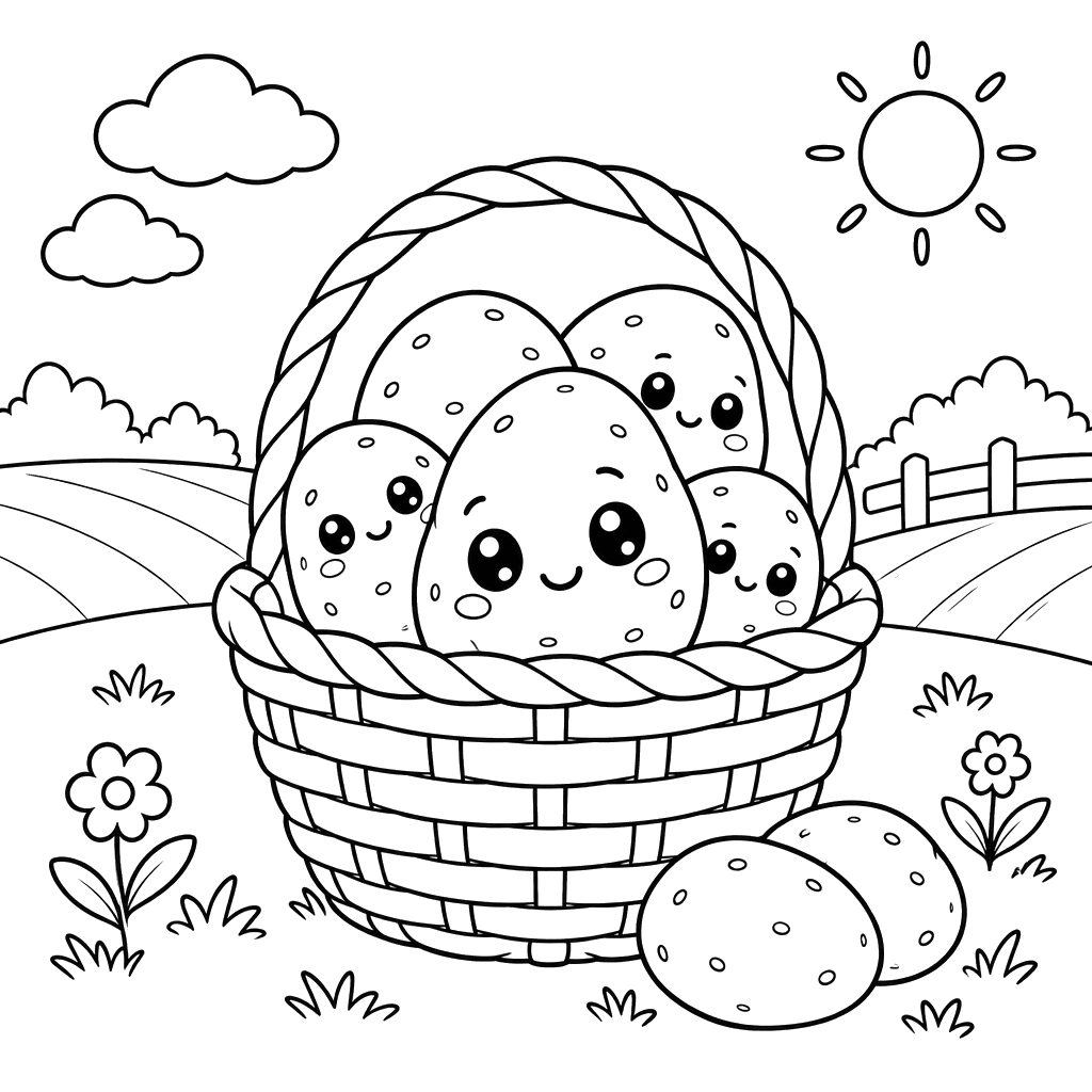 Desenho para colorir de batatas numa cesta