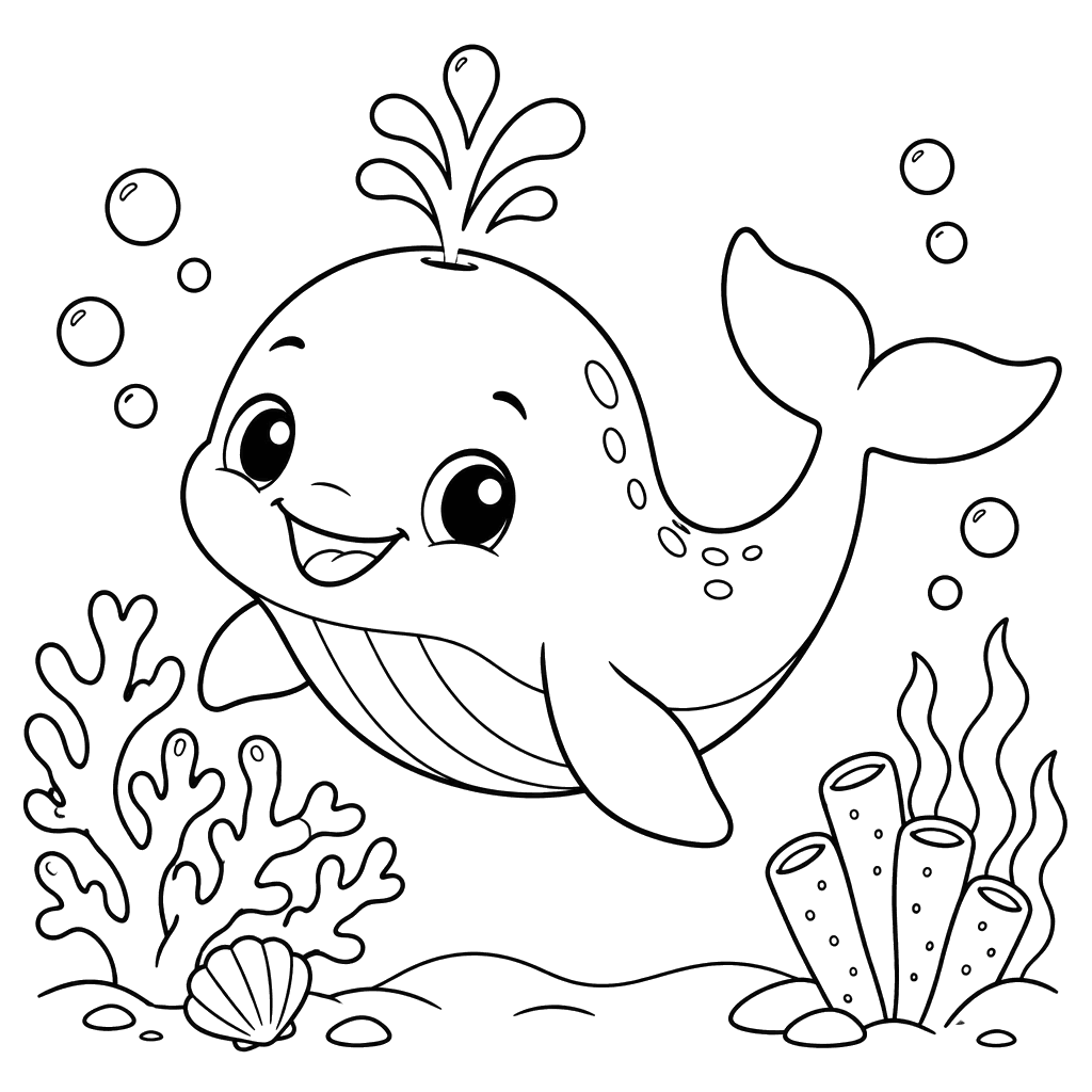 Desenho de filhote de baleia junto aos corais