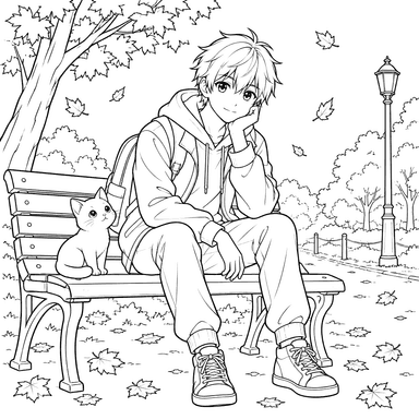 Garoto de anime e gato em banco de parque