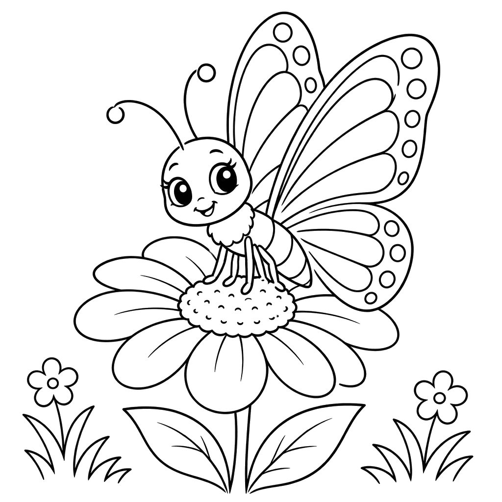 Desenho de borboleta em uma flor para colorir