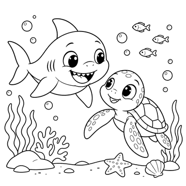 Desenho para colorir de tubarão bebê e tartaruga-marinha