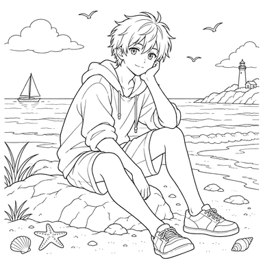 Anime-Junge am felsigen Strand – Ausmalbild
