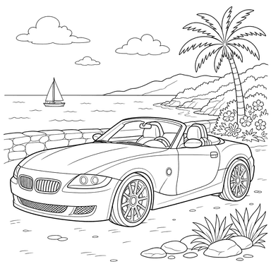 Desenho de Carro Conversível na Praia para Colorir