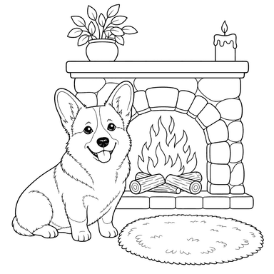 Dibujo para colorear: corgi junto a la chimenea