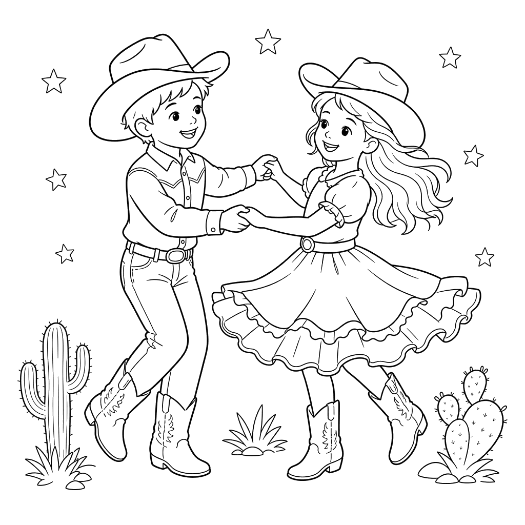 Ausmalbild Tanzende Cowboys