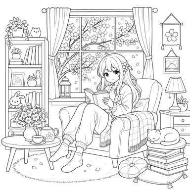 Gemütliches Anime-Zimmer Ausmalbild
