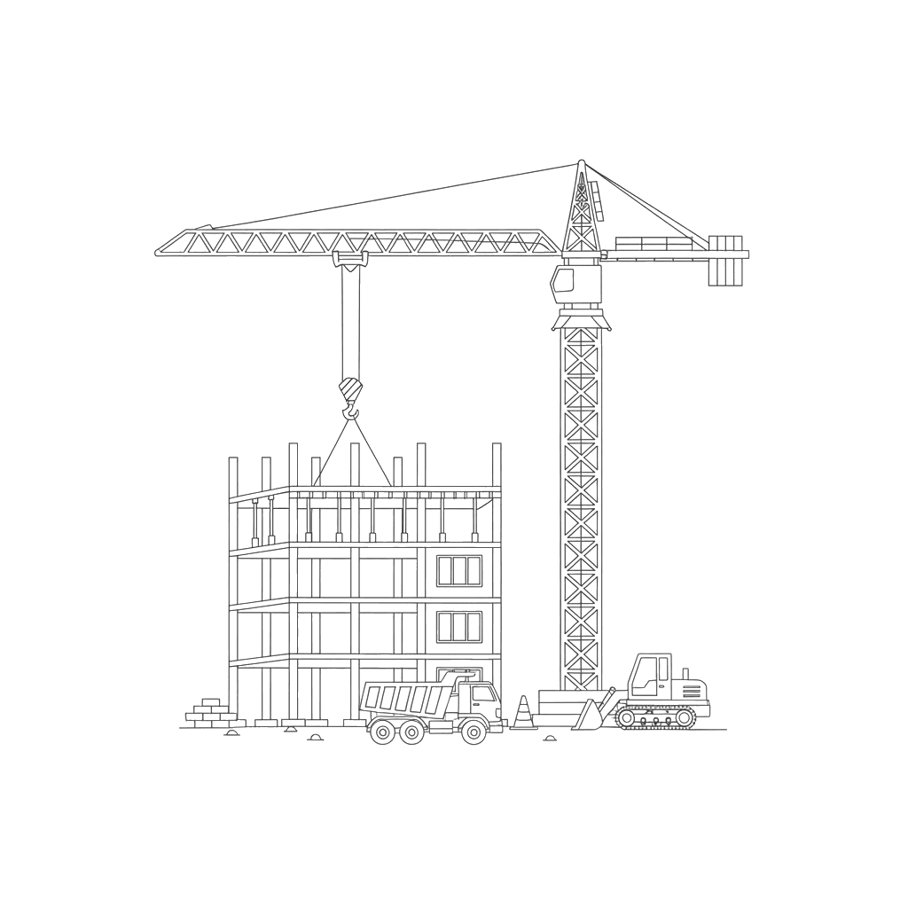 Dibujo para colorear: Grúa de construcción sobre un edificio