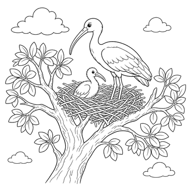 Ausmalbild Maskenibis im Nest auf dem Baum