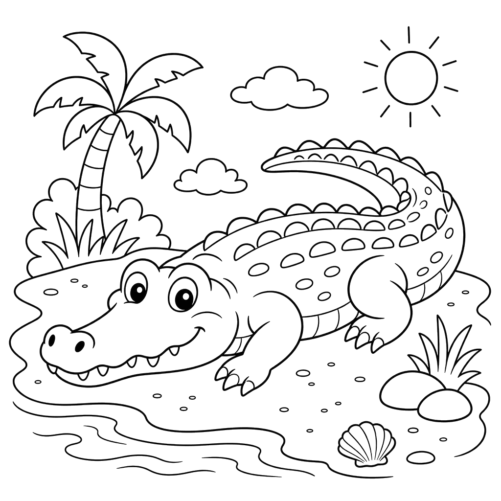 Krokodil am Sandstrand – Ausmalbild