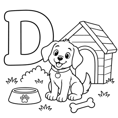 Letter D with a Puppy and Doghouse