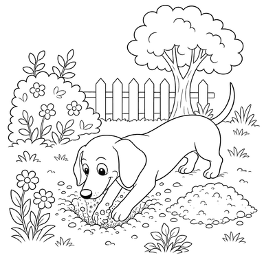 Desenho para colorir: um dálmata cavando um buraco no jardim