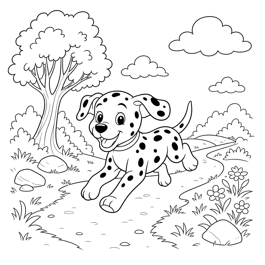 Desenho para colorir: um dálmata corre por uma trilha