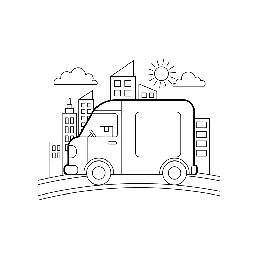 Dibujo para colorear de furgoneta de reparto en la ciudad