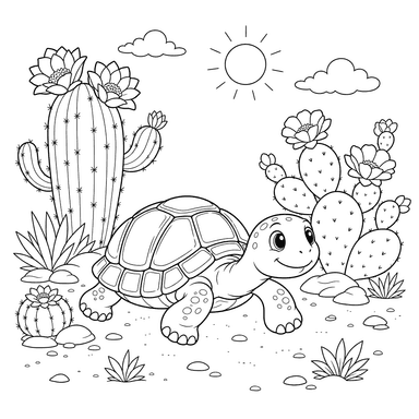 Tortuga del desierto y cactus en flor