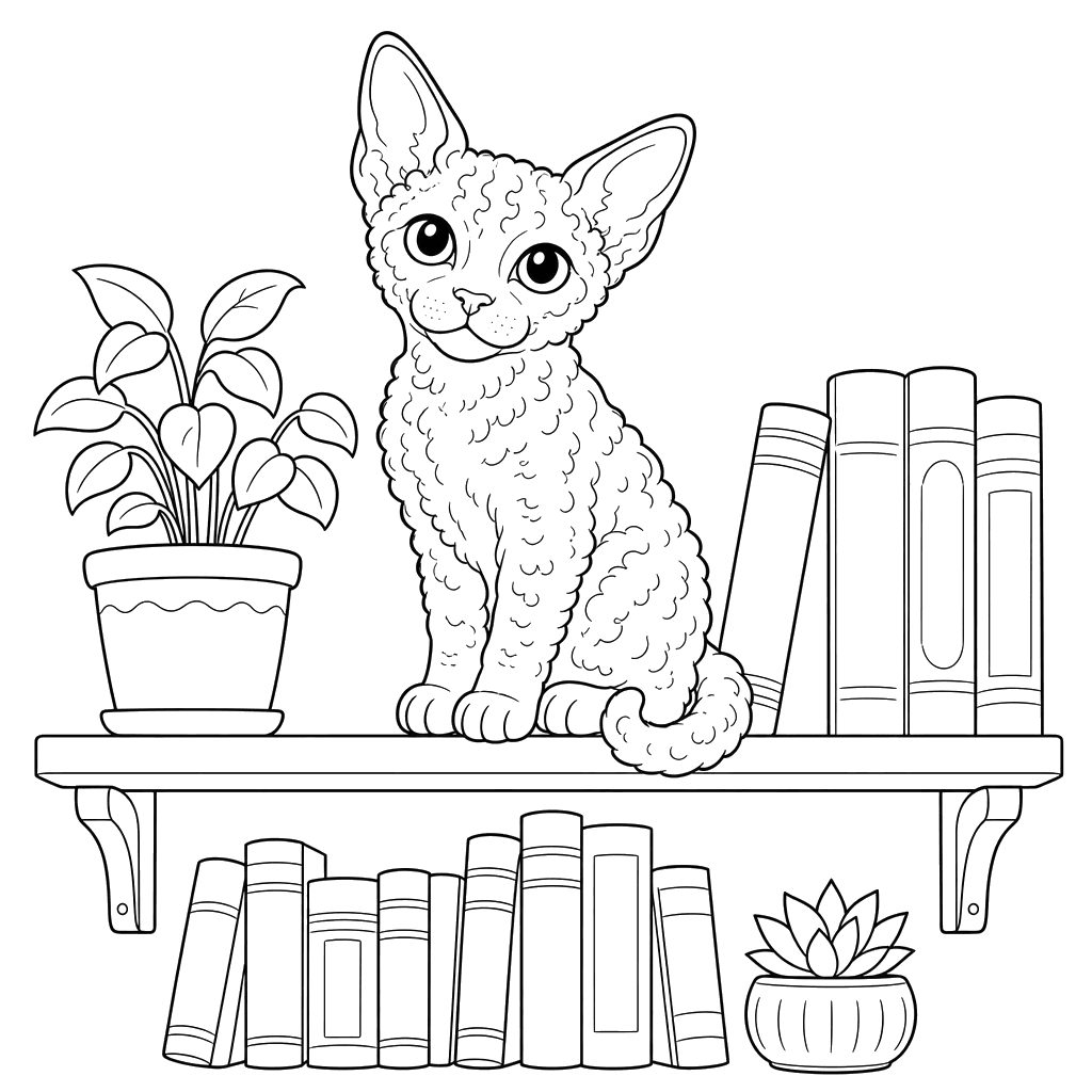 Devon Rex Katze im Bücherregal