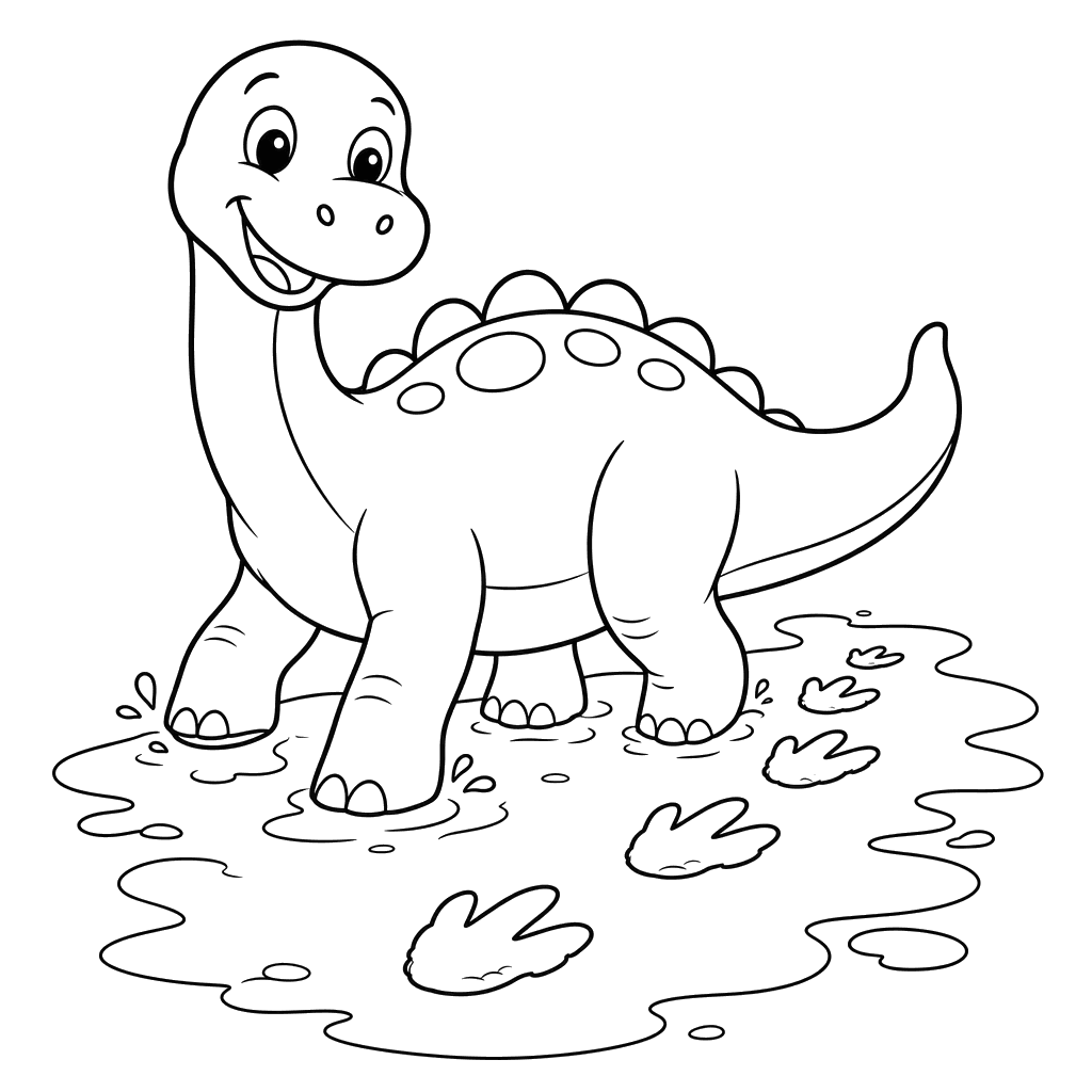 Dinossauro deixa pegadas na lama — página para colorir
