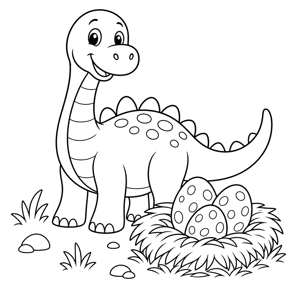 Dinossauro no ninho com ovos — desenho para colorir