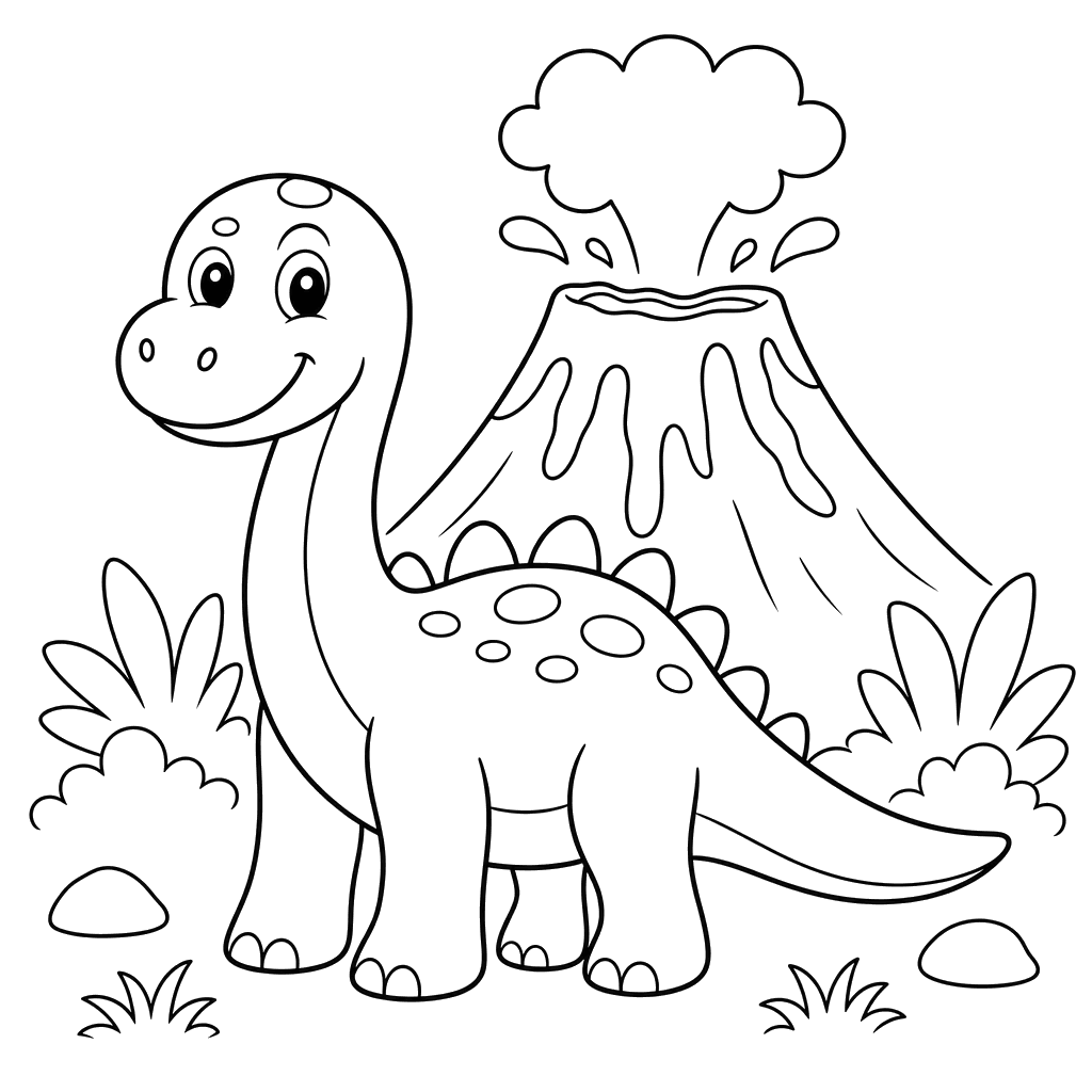 Dinossauro em frente ao vulcão — Desenho para colorir
