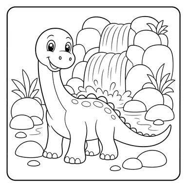 Dinossauro junto a uma cachoeira — página para colorir