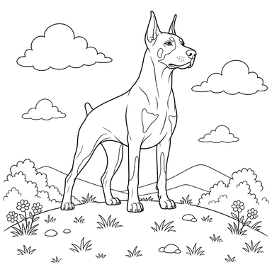 Desenho para colorir: doberman em uma colina