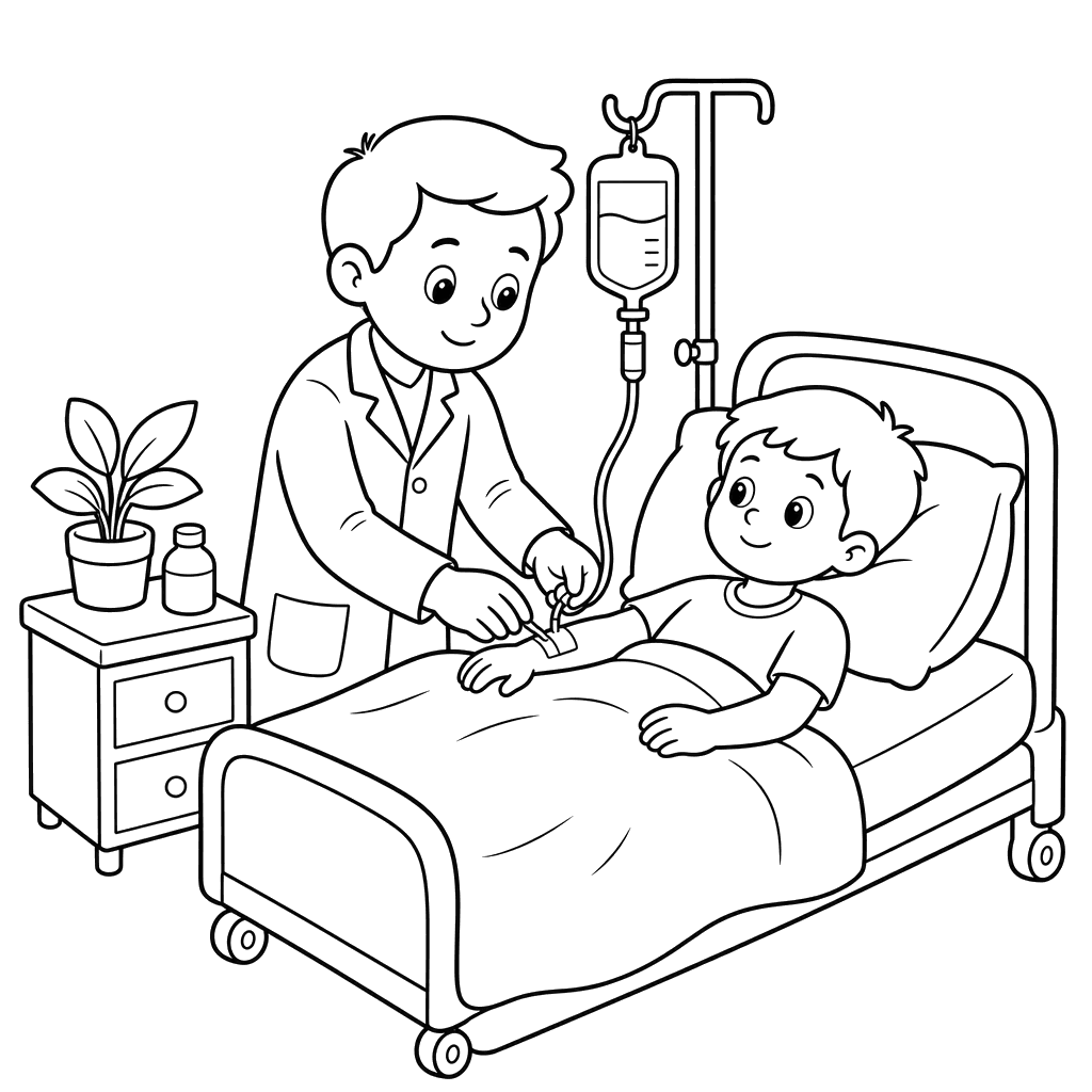 Médico pone suero — dibujo para colorear