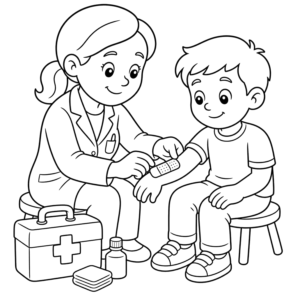 Doctor cambia vendaje — dibujo para colorear