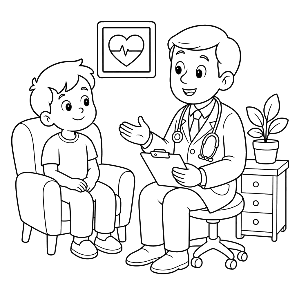 Dibujo para colorear: médico consulta paciente