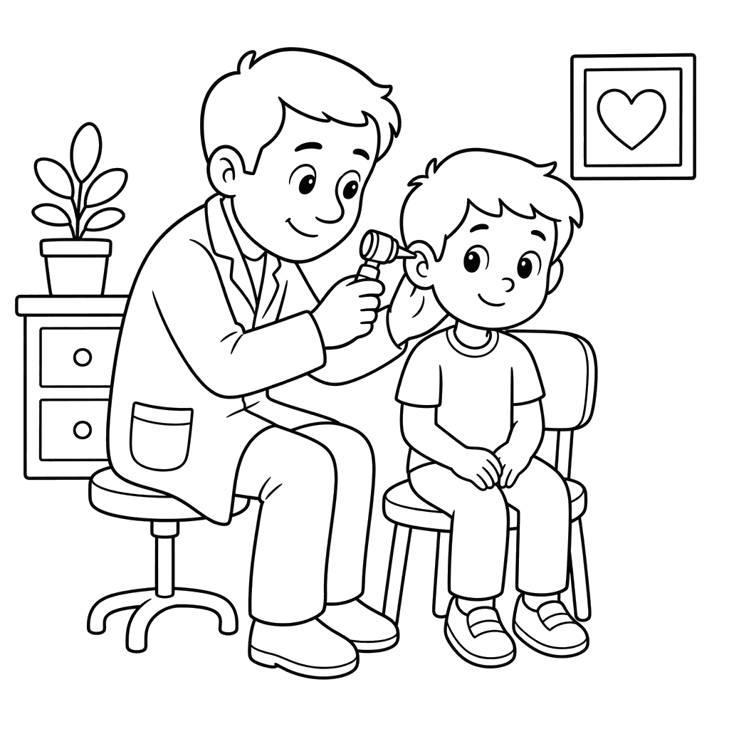Dibujo para colorear: médico examina el oído