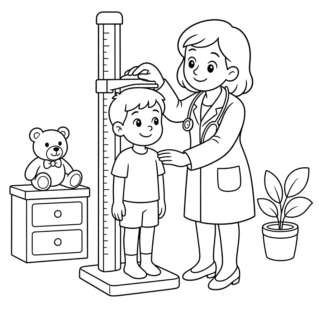 Doctor mide la altura del niño — dibujo para colorear