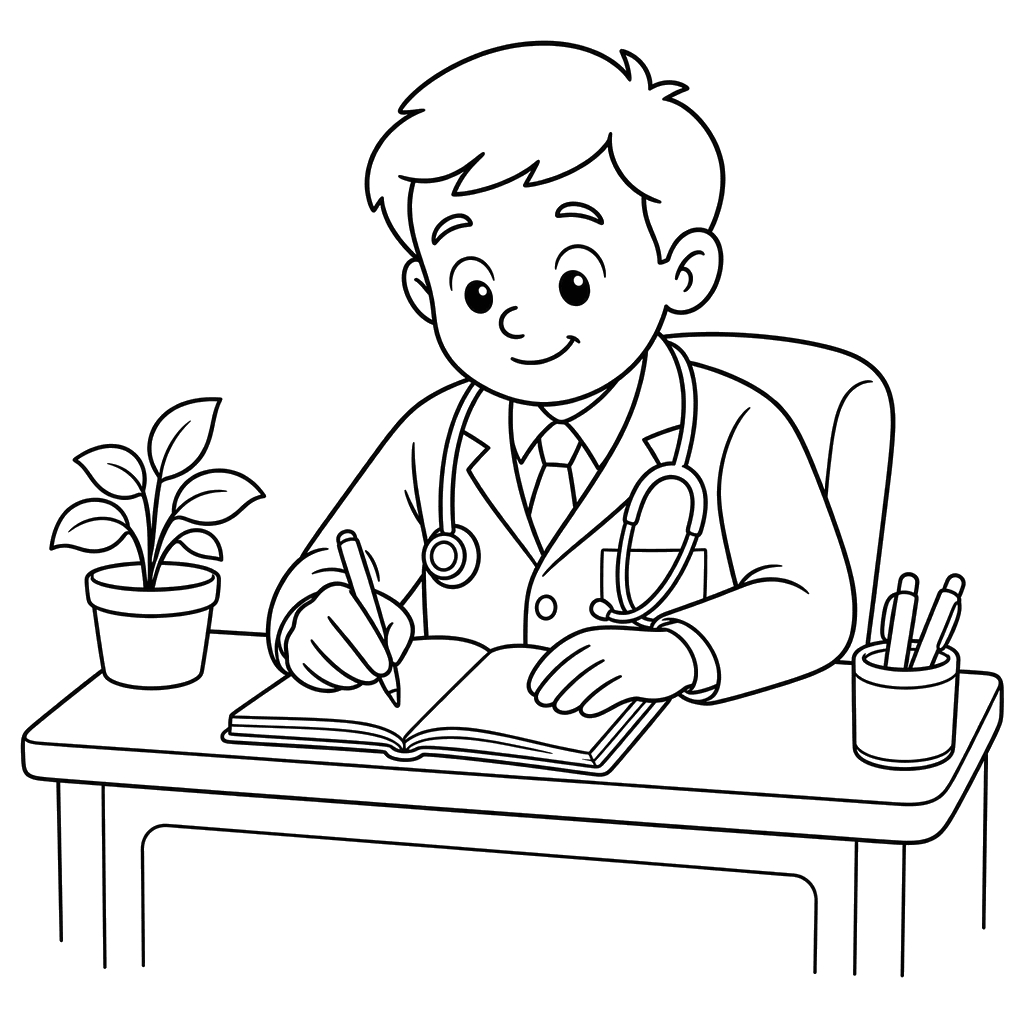 Doctor escribe diagnóstico — dibujo para colorear