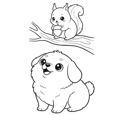 Ausmalbild Hund bellt Eichhörnchen an