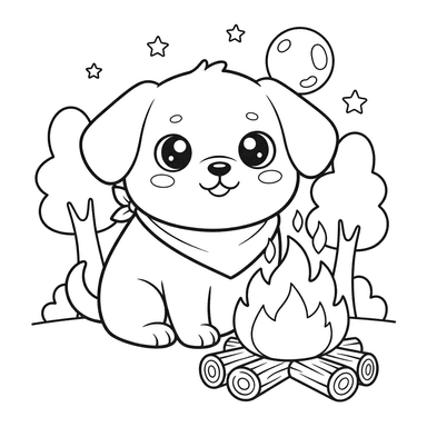 Dibujo para Colorear Perro en Fogata