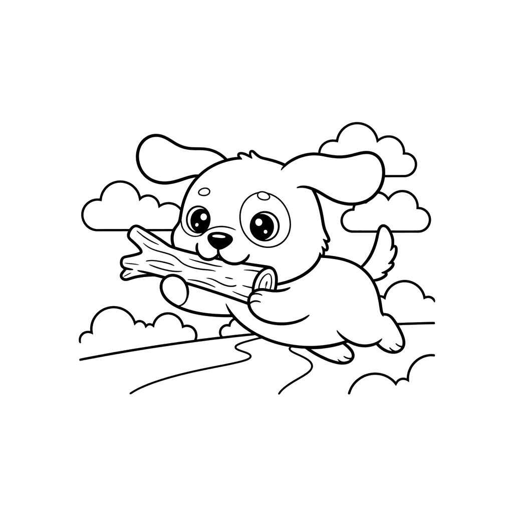 Ausmalbild Hund fängt Stock