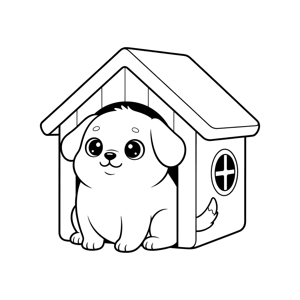 Ausmalbild: Hund in der Hundehütte