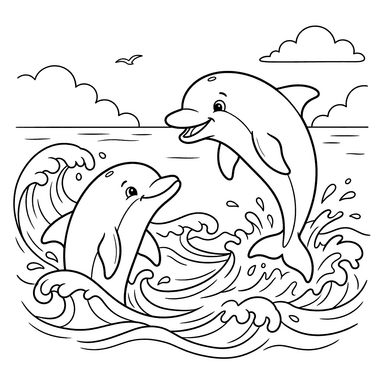 Coloriage de Dauphins Jouant dans les Vagues
