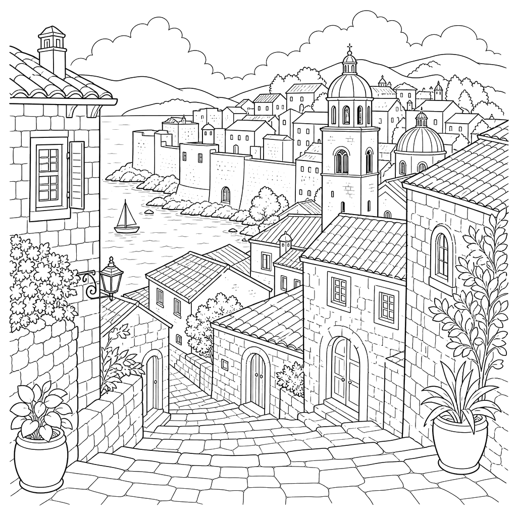 Dubrovnik Old Town Coloring Page