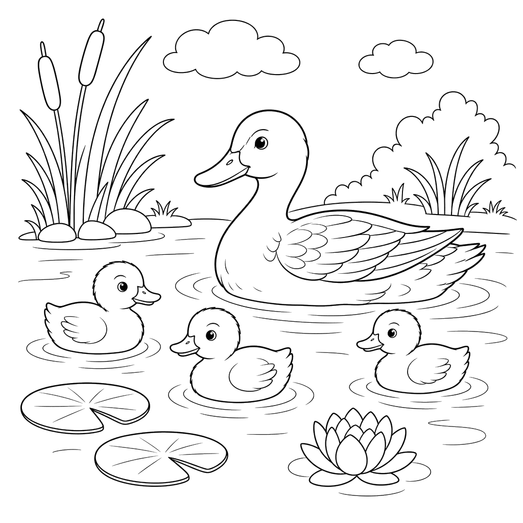Duck and Ducklings on the Pond