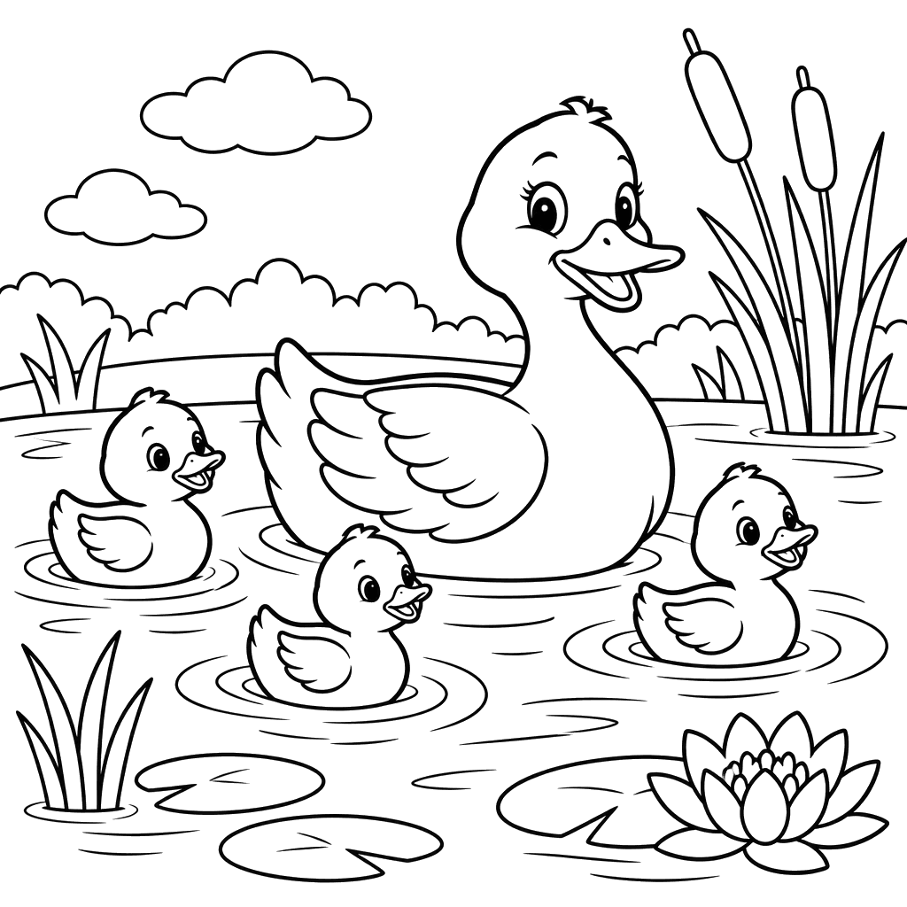 Mamãe pata com patinhos na lagoa