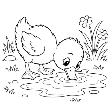 Little Duckling Drinking from a Puddle