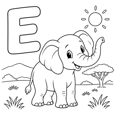 Coloriage lettre E anglaise et éléphant
