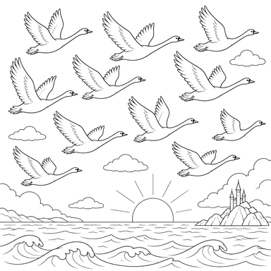 Elf Schwäne fliegen über das Meer