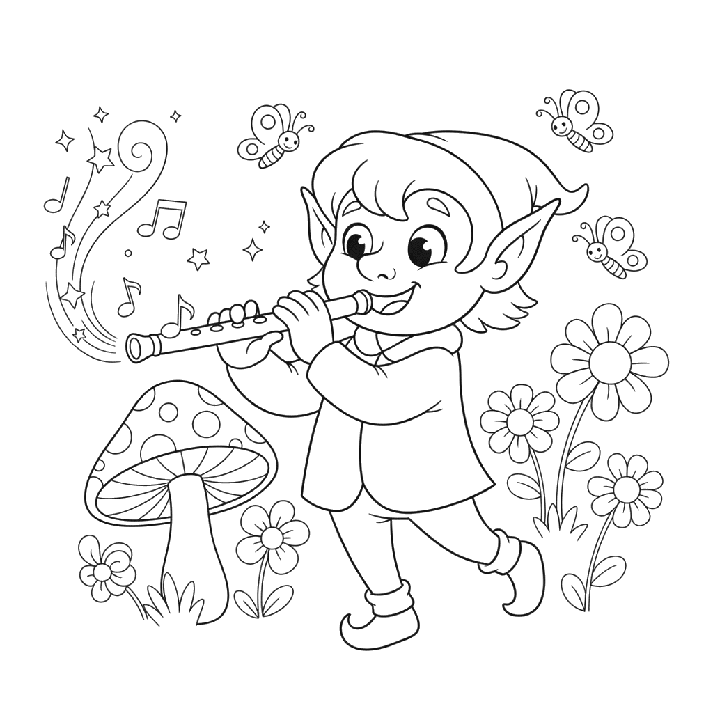 Ausmalbild: Elf spielt magische Flöte