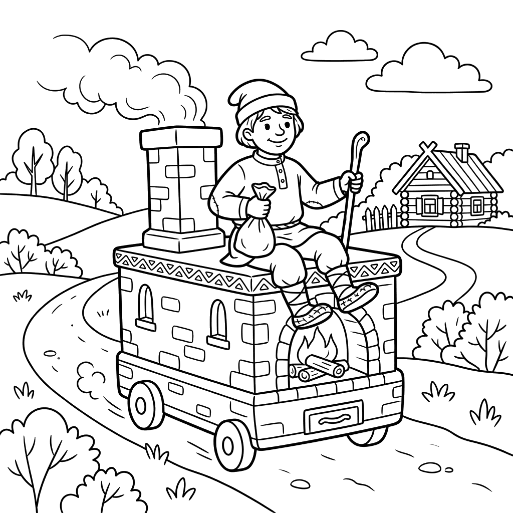 Coloriage Emelia sur le poêle magique
