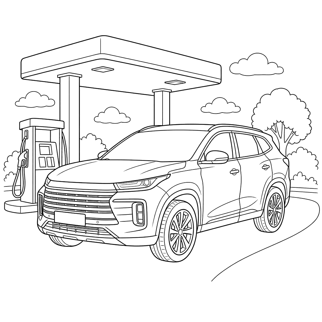 Desenho para colorir: Exeed TXL no posto de gasolina