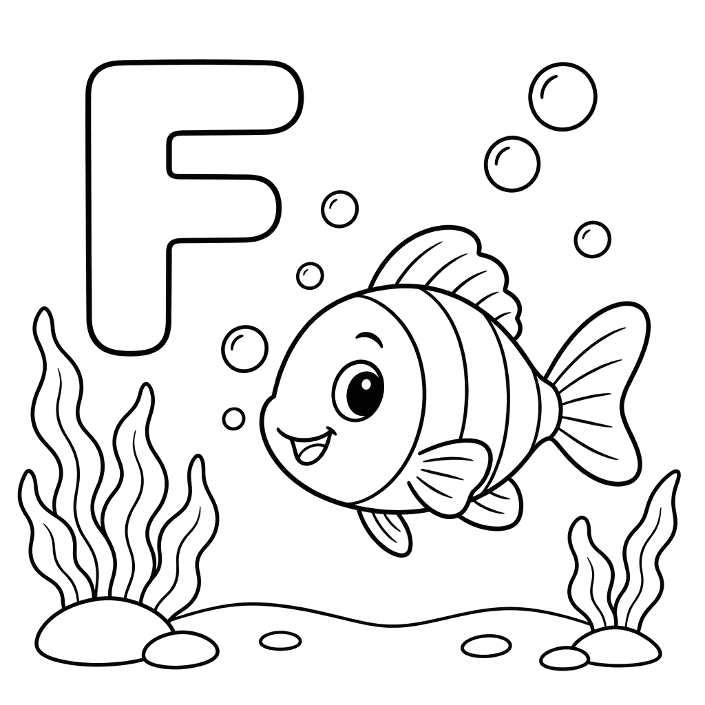 Letter F and Fish Underwater Coloring Page
