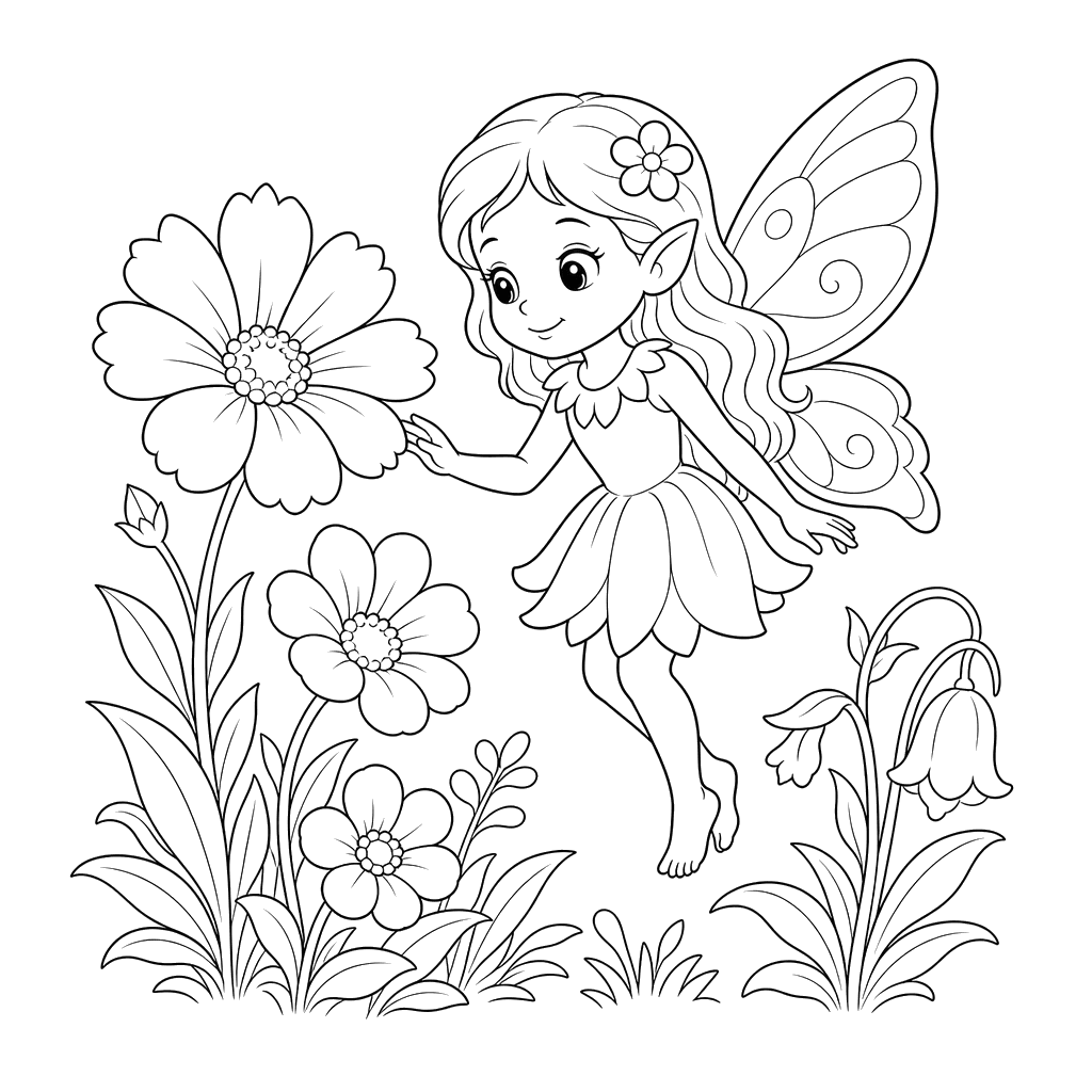 Fairy Among Flowers Coloring Page