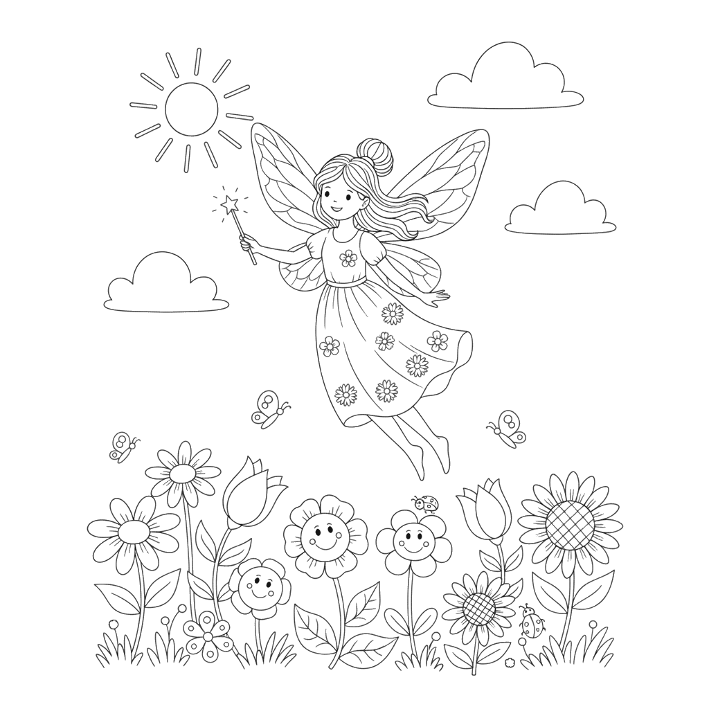 Fairy Flying Over Flowers Coloring Page