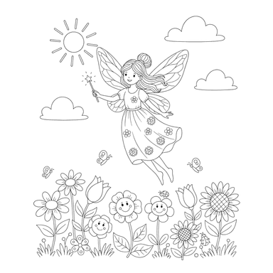 Fairy Flying Over Flowers Coloring Page