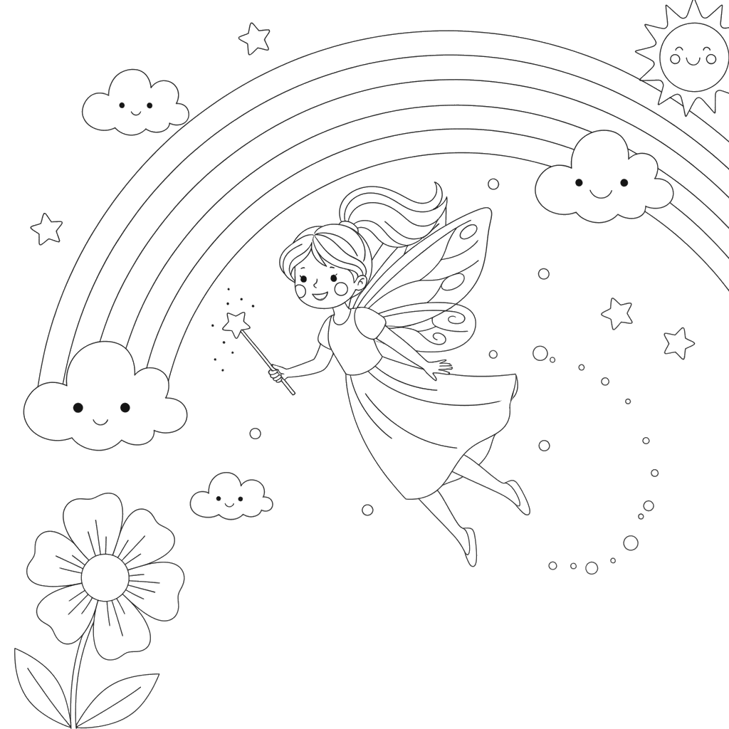 Dibujo para Colorear: Hada Volando por el Arcoíris